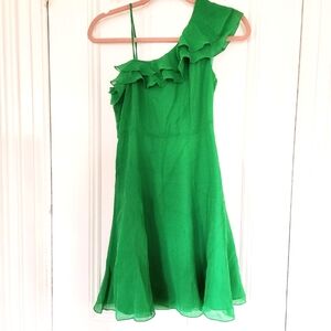 AX Armani Exchange Silk Green Ruffle Detail One-Shoulder Dress